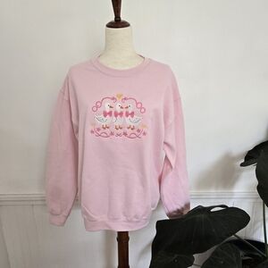 Cottagecore Ducks Embroidered Pink Sweater Size M
